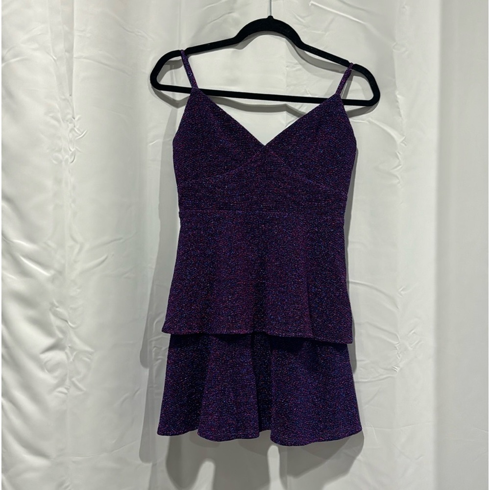 Lulus Remarkable Sparkle Purple Multi Shiny
Tiered Mini Dress, size Large.